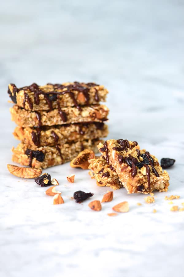 Honey fig granola bars in a stack 