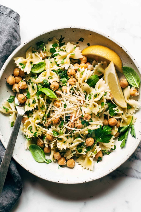 Bowtie Pasta pictured with herbs and lemon 