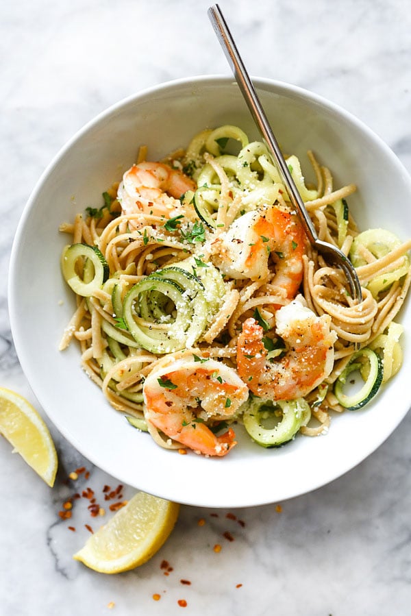 Linguine and Zucchini Noodles with Shrimp DeLallo