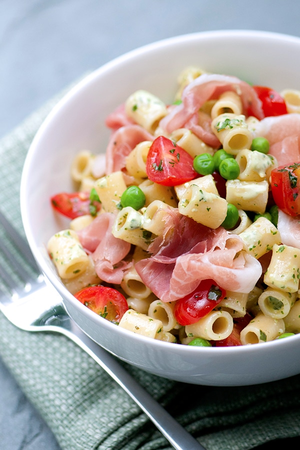 Finished Macaroni Salad in white bowl