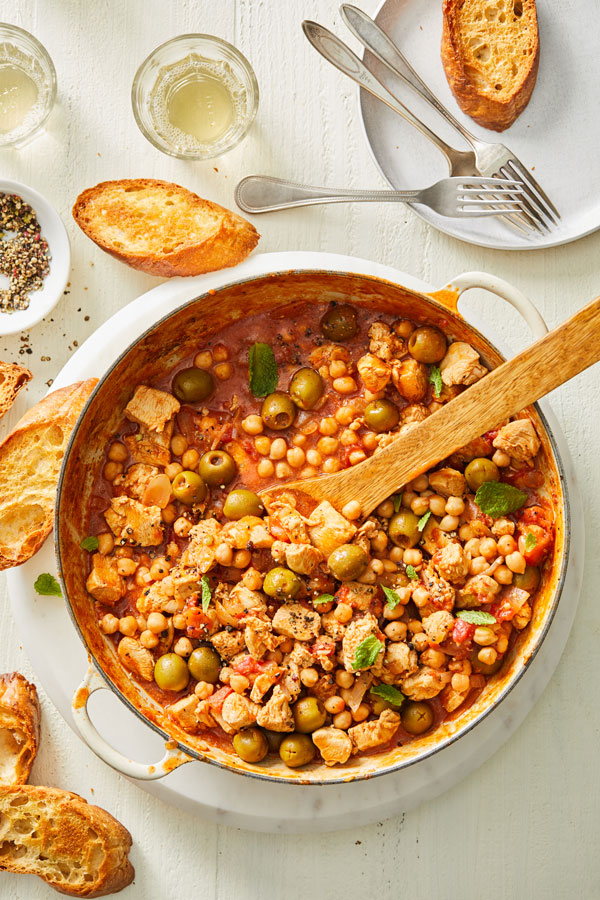 Mediterranean chicken and chickpea stew in pot 