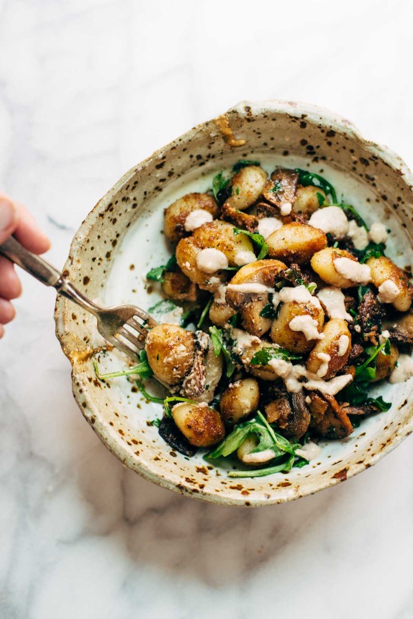 Image of Mushroom Gnocchi with Arugula and Walnut Pesto