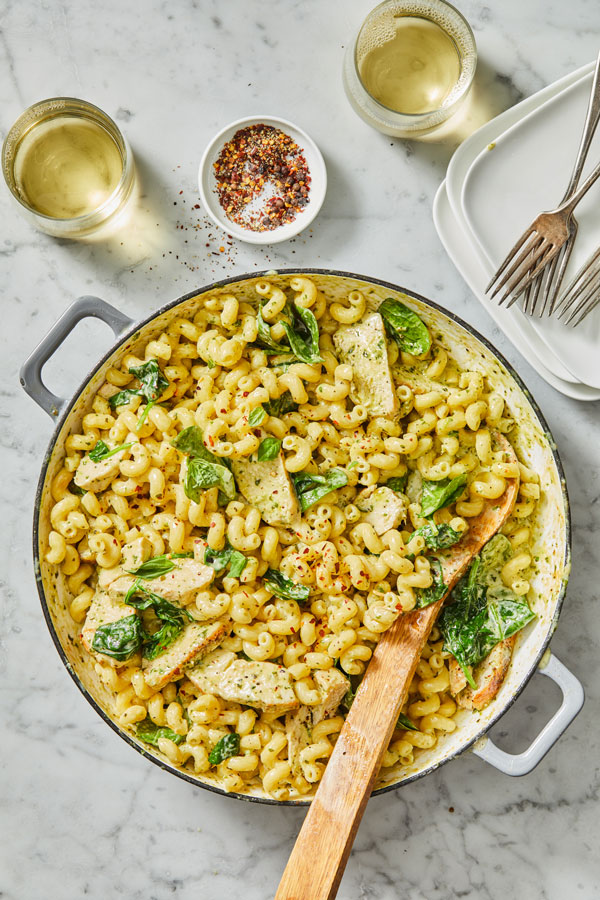 Creamy pesto chicken pasta is made in one-pot.