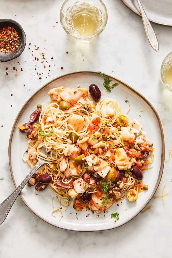 Image of Pasta with Cod, Tomatoes, and Olives