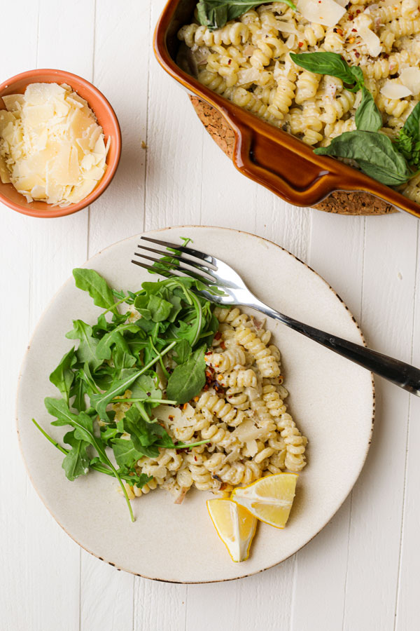 Creamy Pesto Pasta on a white dish