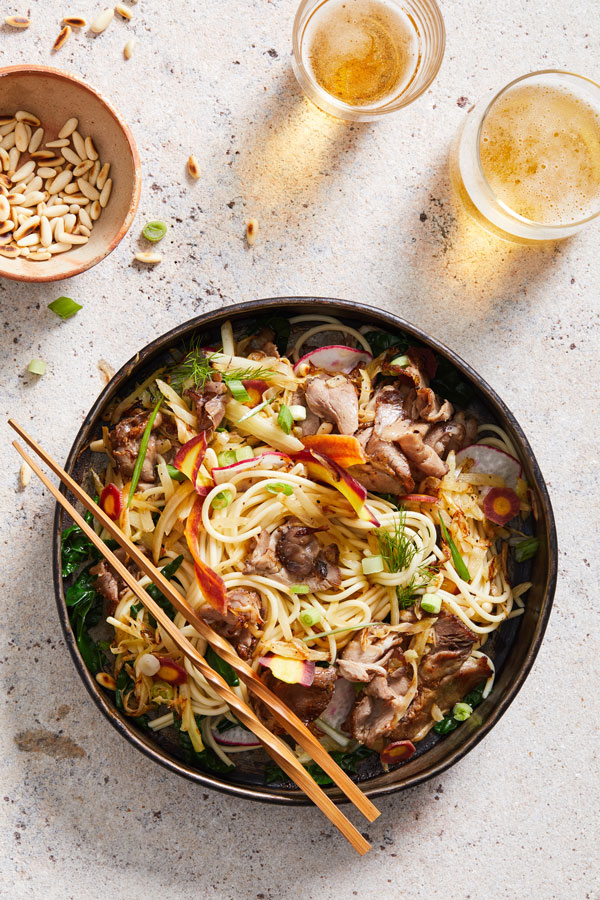 Porchetta Parmesan Italian-Style Ramen in brown bowl