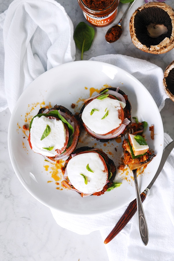 Image of portobello mushroom stacker with sun dried tomato pesto