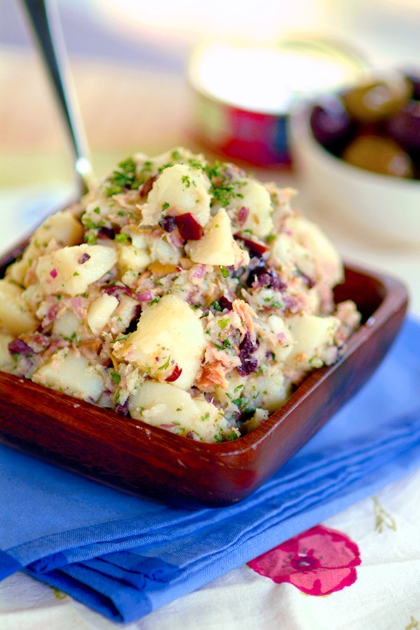 potato salad in wooden bowl 