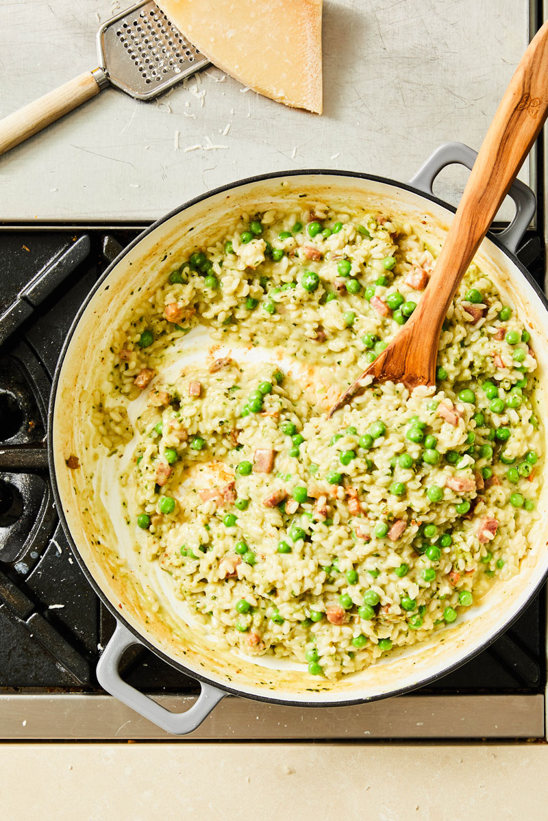 Image of quick cook risotto with pesto, peas, and pancetta