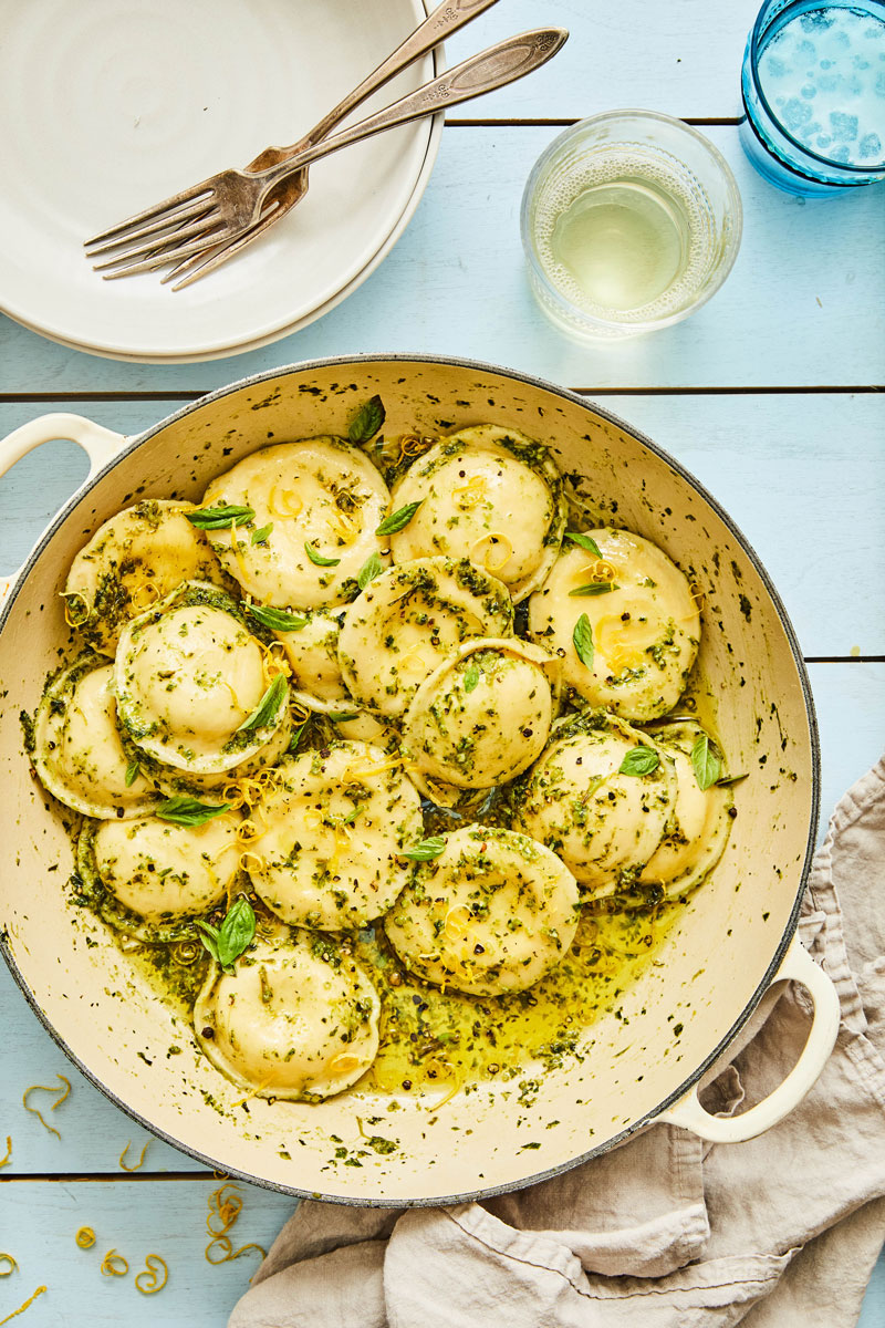 Ravioli with Lemon Pesto Sauce in a white plate