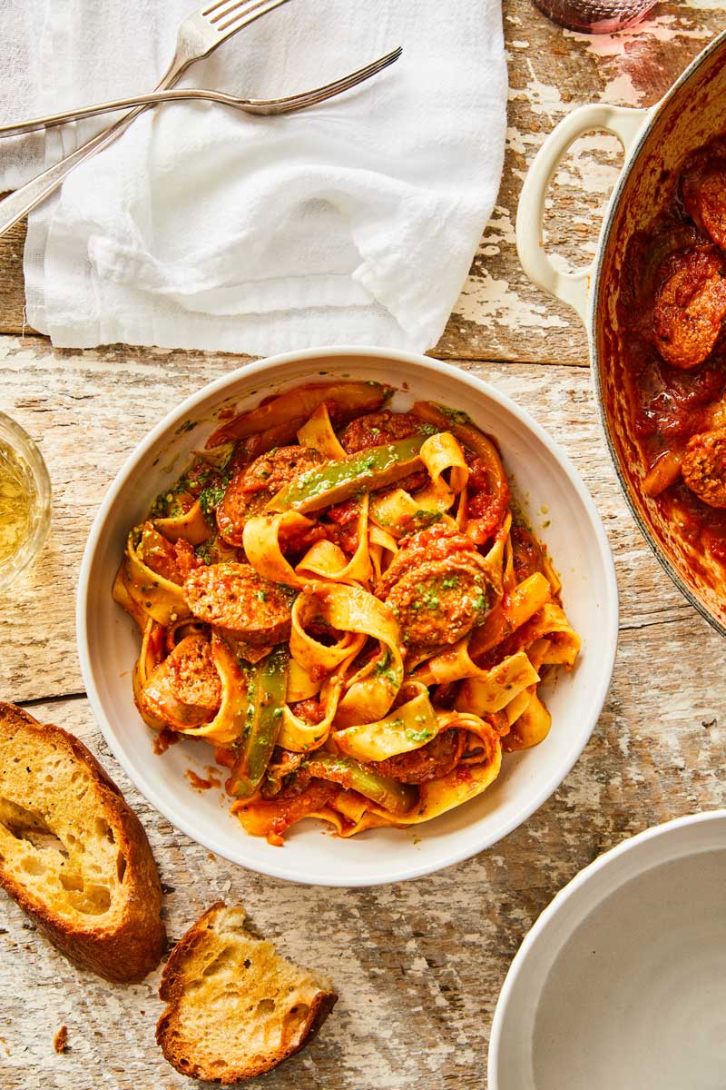 Sausage and Pepper Pappardelle Pasta with Basil Pesto