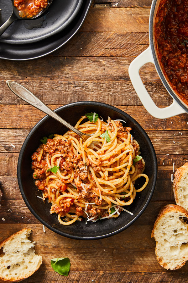 Spaghetti with homemade ragu on a plate.