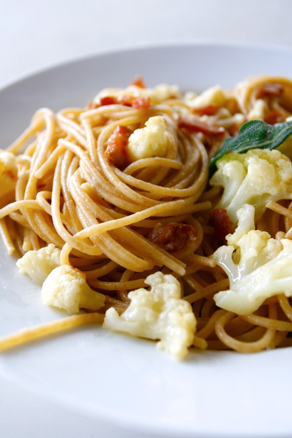 Image of whole wheat spaghetti with panvcetta and cauliflower