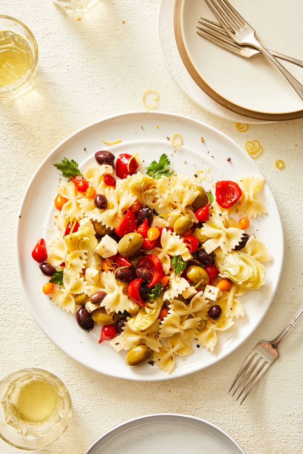 Image of Antipasto salad served on a white dish