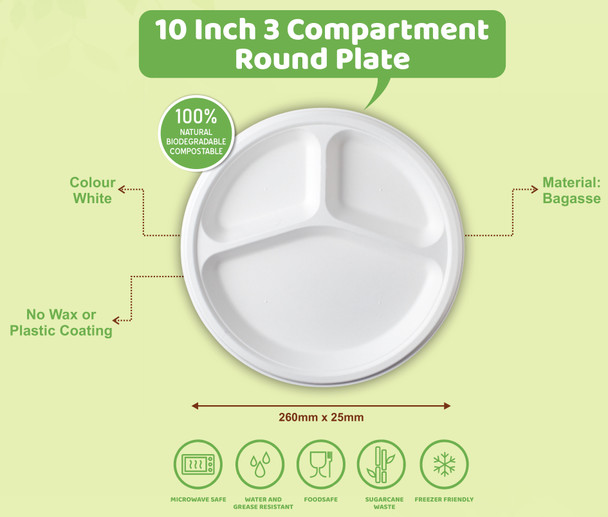 10 inch 3 Compartment Round Sugarcane Plate