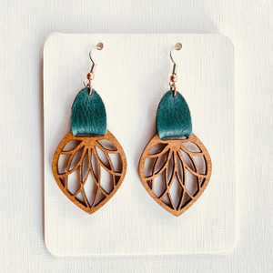 Gigi Wood and Teal Leather Earrings