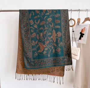 Scarvii - Bird Botanical Paisley Knotted Fringe Scarf Teal Blue