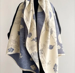 Reversible Vintage Floral-Plant Print Scarf Shawl: Blue