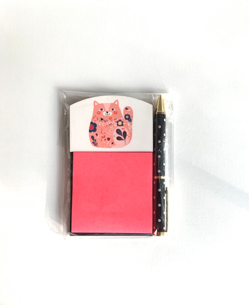 Pink Cat and Floral Sticky Note Holder