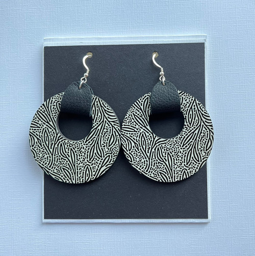 Black & White Flora Earrings with Leather
