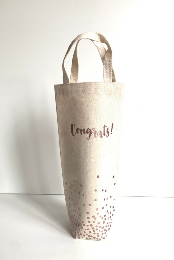 Natural canvas wine tote with rose gold confetti