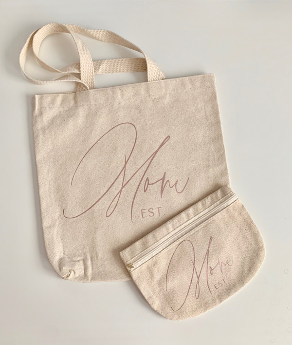 Modern Calligraphy Natural Canvas Mom Tote and Cosmetic Bag Set