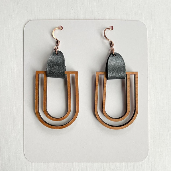 Steel Blue Leather and Wood Earrings