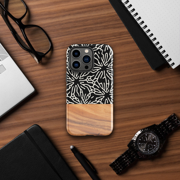 Black Botanicals and Faux Wood Tough Case for iPhone®