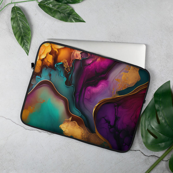 Elegant Purple and Gold Abstract Paint Laptop Sleeve