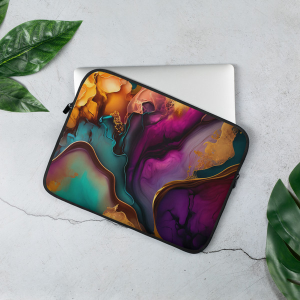 Elegant Purple and Gold Abstract Paint Laptop Sleeve