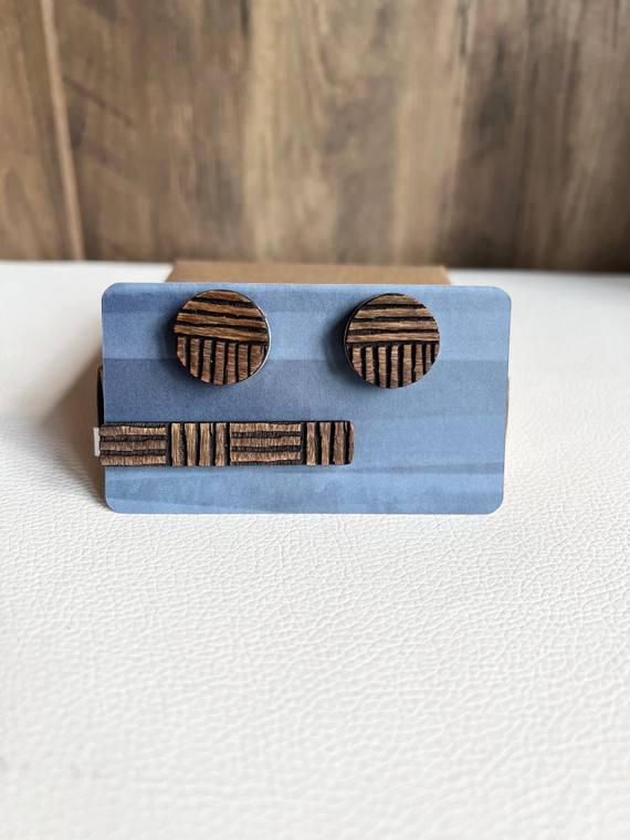 Geo Lines Chestnut Finish Wood Tie Bar & Cufflink Set