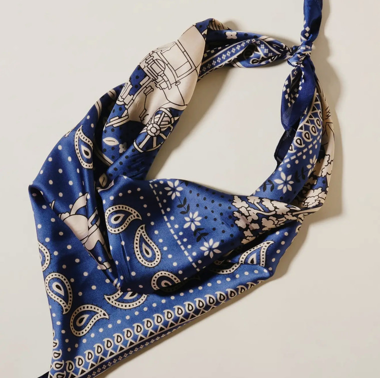 Western-Inspired Silk-Feel Scarf with Vintage Paisley Print: Navy, One,