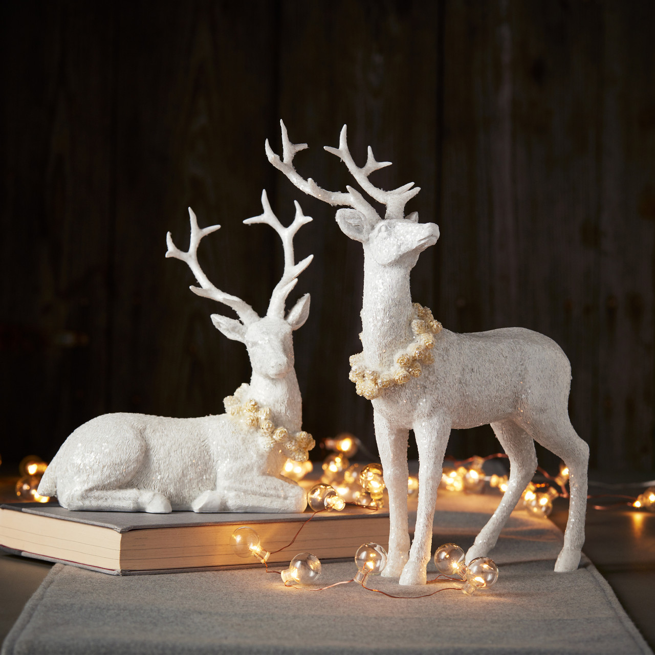 Set of 2 White Sitting & Standing Buck Deer Christmas Tabletop ...