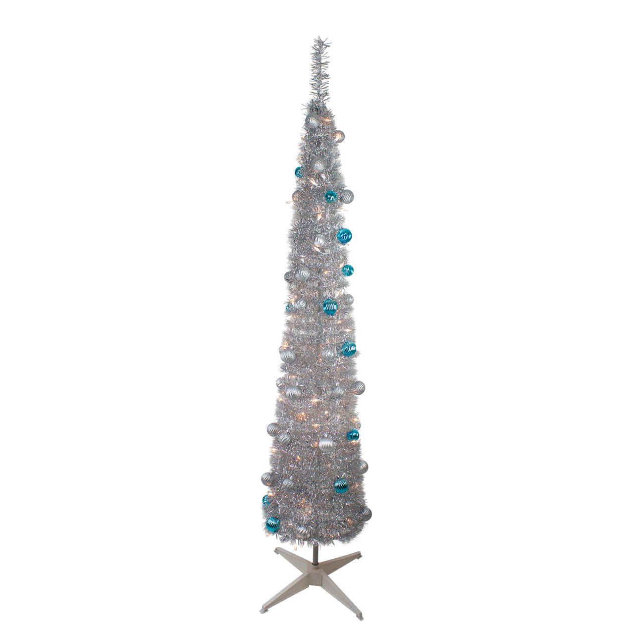 6 FT Silver Tinsel Christmas Tree Artificial Hinged Tree Holiday