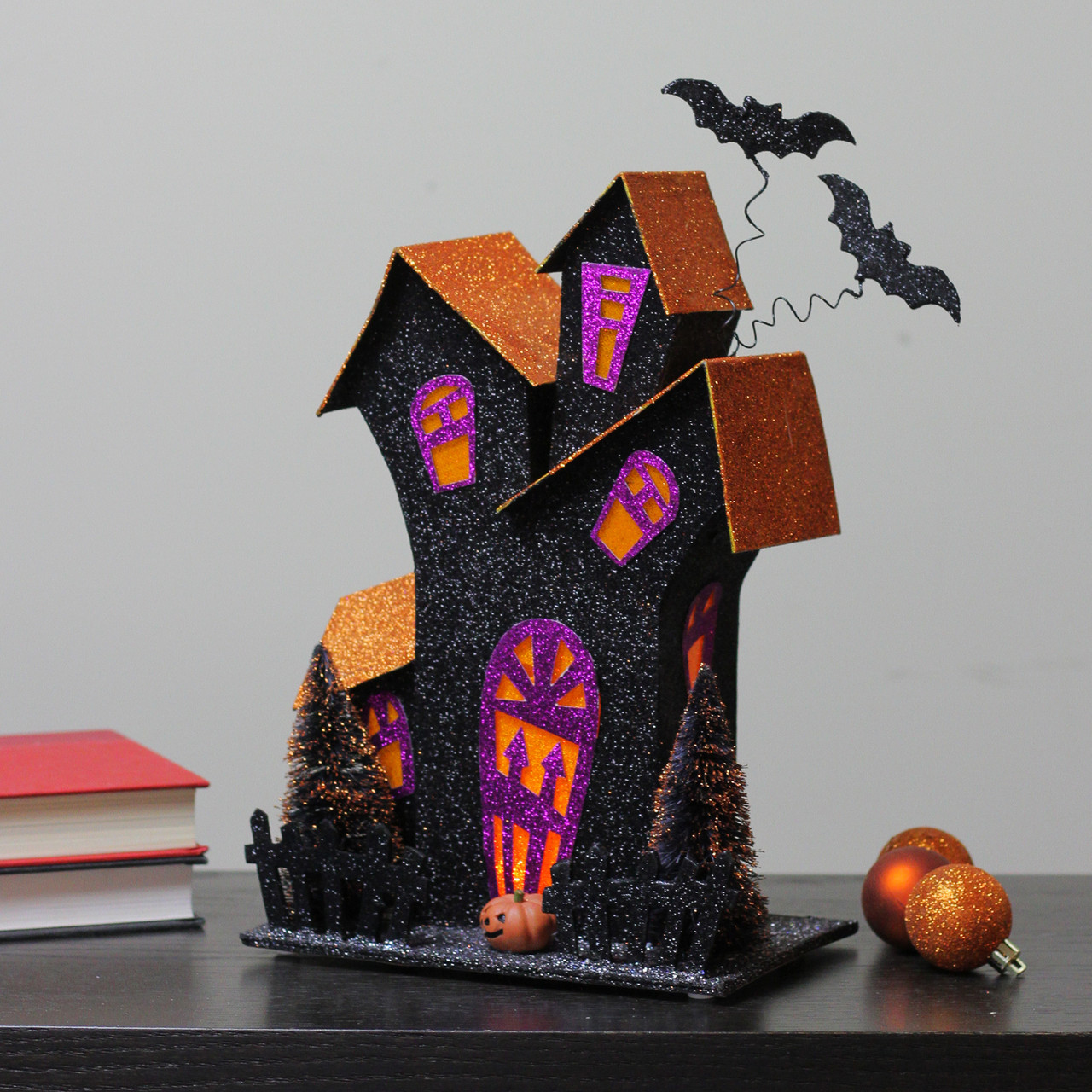 12" Black & Orange LED Lighted Glitter Drenched Halloween Haunted House