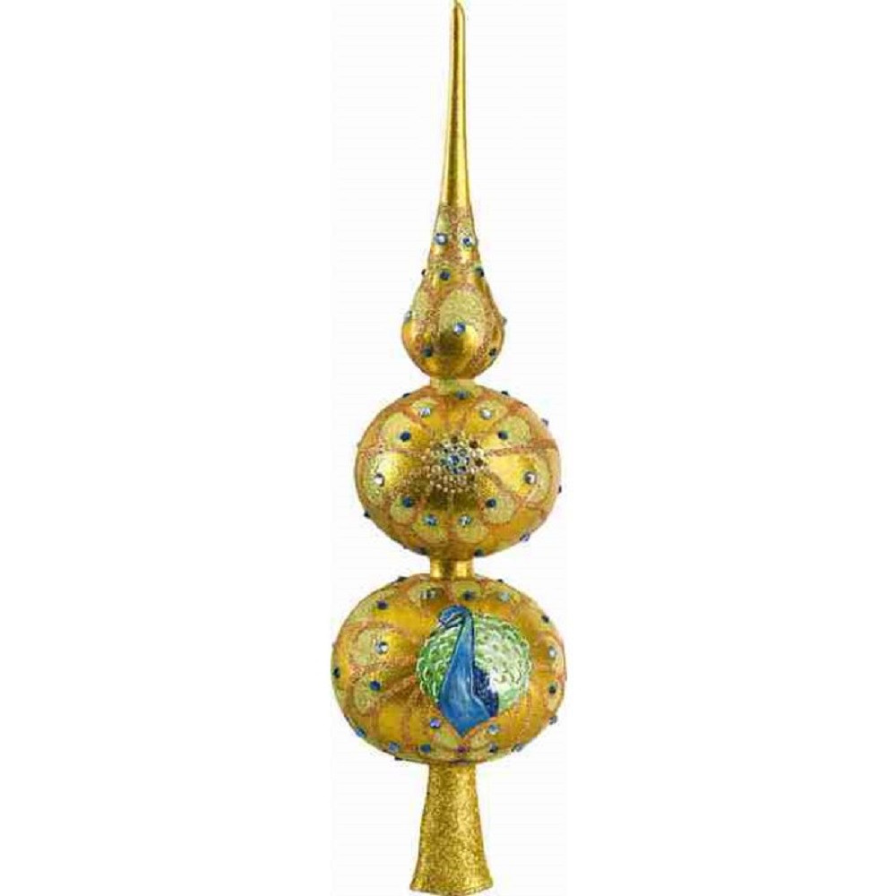 Golden Peacock Finial Polish Glass Christmas Tree Topper