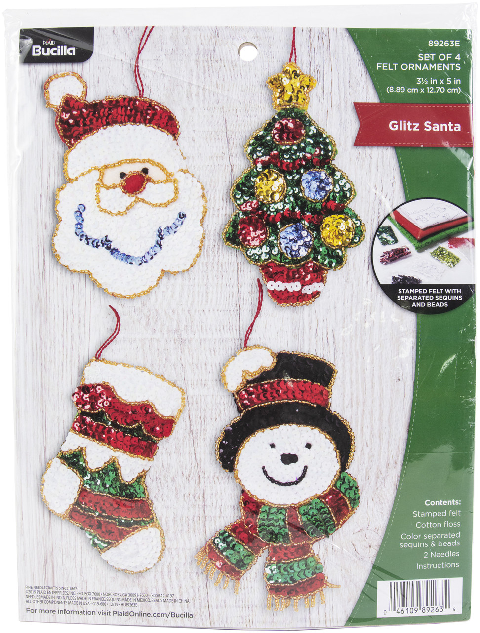 Bucilla Felt Ornaments Applique Kit Set Of 4-Glitz Santa