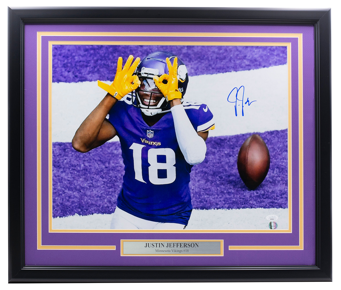 Justin Jefferson Signed Framed Vikings 16x20 Celebration Photo JSA