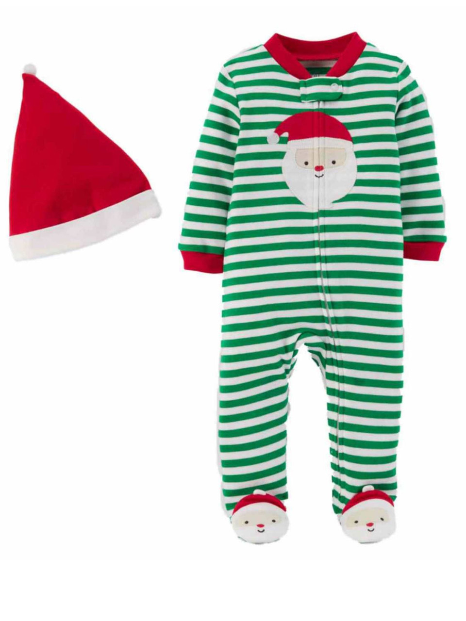 Carters Infant Boys Green Stripe Santa Claus Christmas Sleeper Pajamas Hat