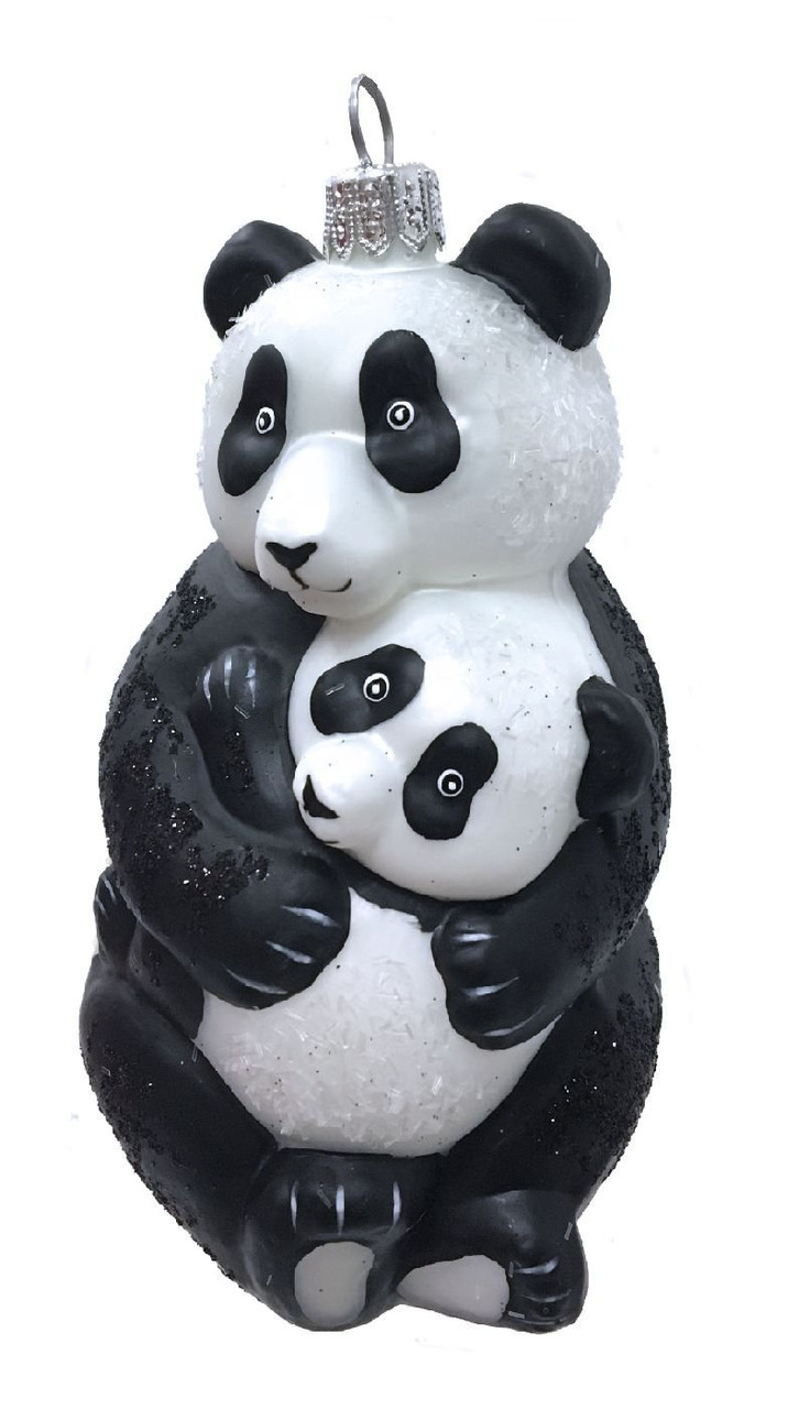 Panda Bear Hugging Baby Cub Polish Glass Christmas Tree Ornament