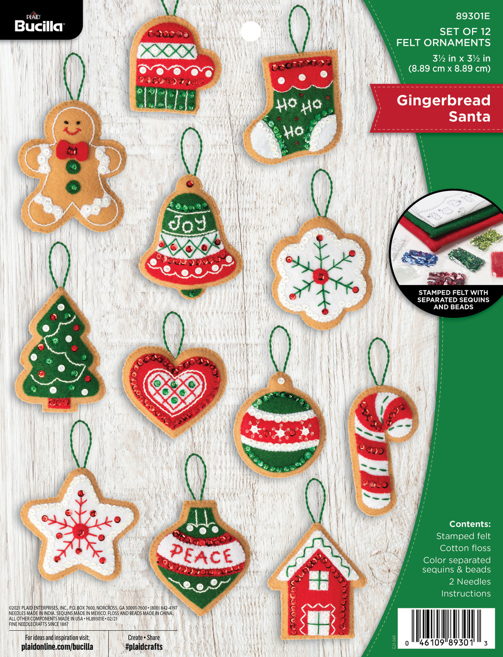 Bucilla Felt Ornaments Applique Kit Set Of 12-Gingerbread Santa