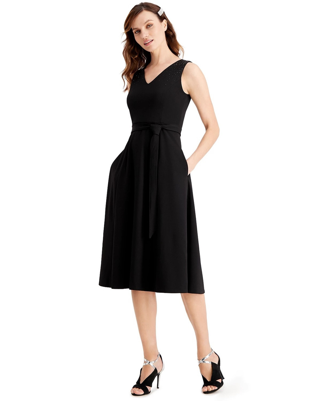 Calvin Klein Performance Women's Belted Midi Fit Flare Cocktail Dress Black Size