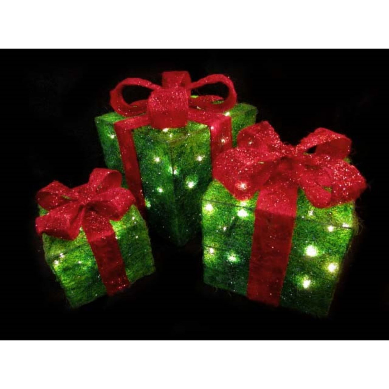 Set of 3 Lighted Green Gift Boxes with Red Bows Outdoor Christmas ...