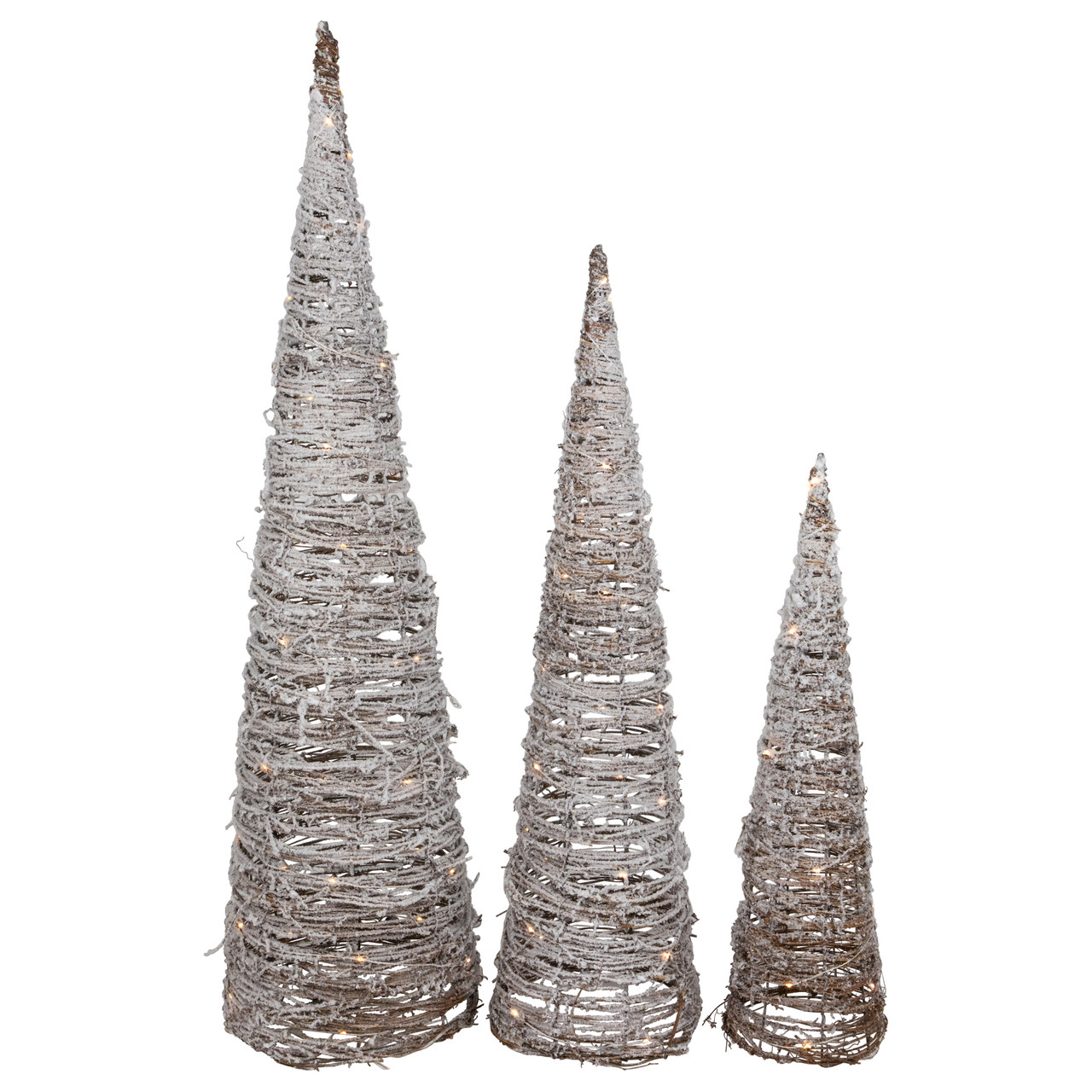 Set of 3 LED Lighted Snowy Rattan Christmas Cone Tree Decorations