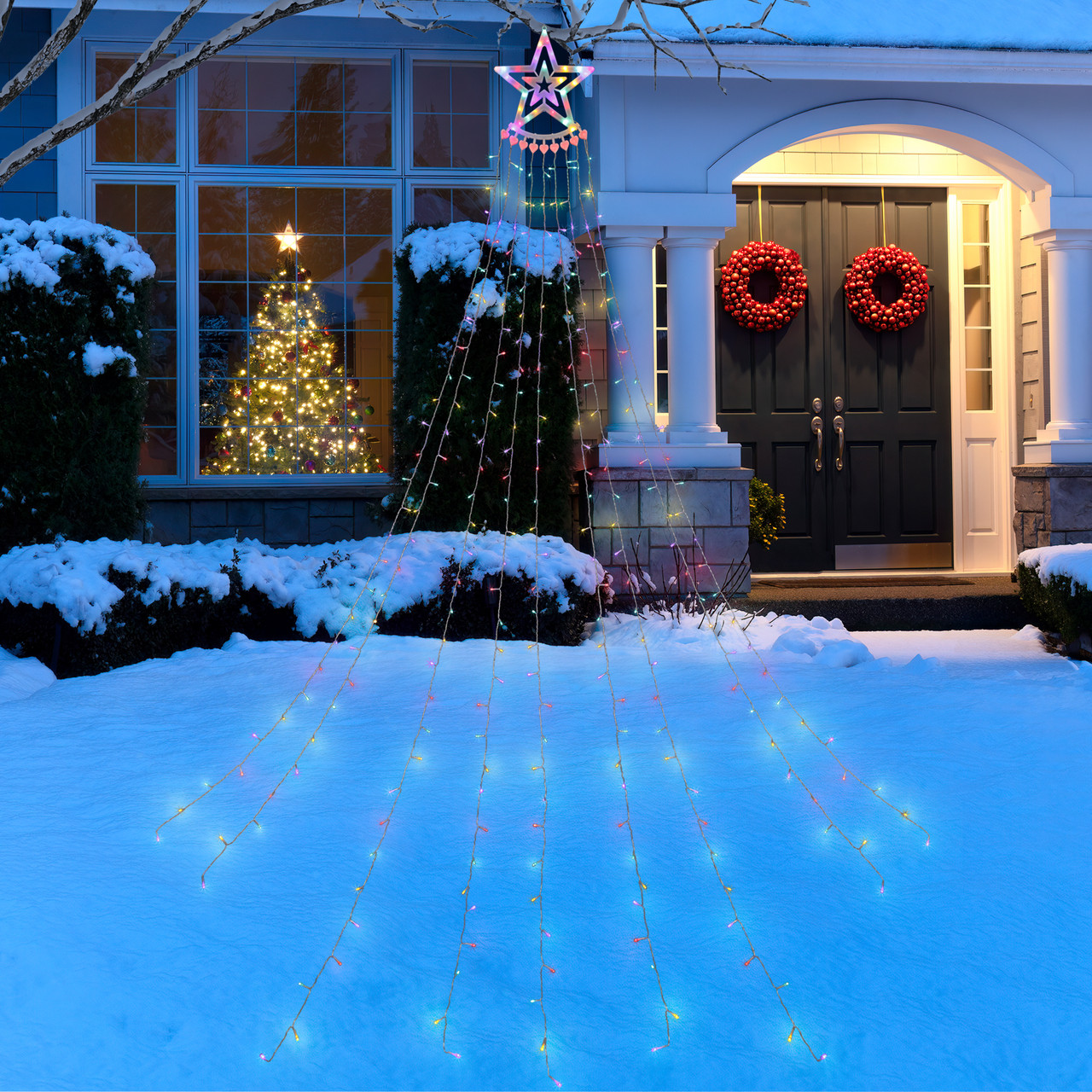 12.5' Multicolor LED Waterfall Light Tree & Tree Topper Outdoor ...