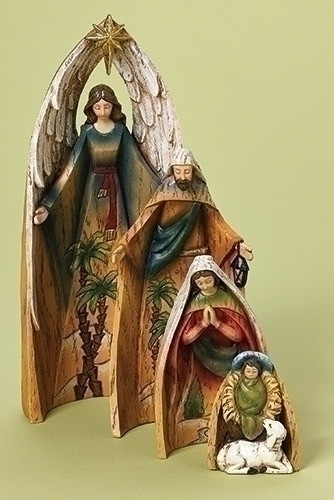 Set of 4 Holy Family with Angel & Lamb Nativity Scene Christmas