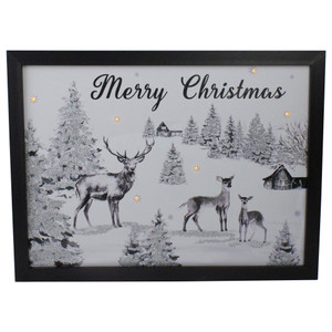 Lighted Black and White Winter Scene Merry Christmas Canvas Wall Art 11.75" x 15.75"