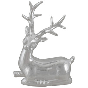 Shiny Ceramic Sitting Reindeer Christmas Decoration - 10" - Silver