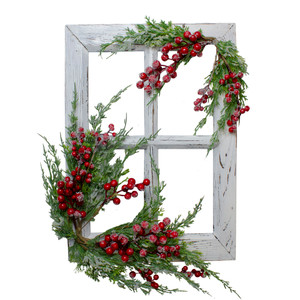 24" White Washed Window with Frosted Berries and Cedar Christmas Wall Decor