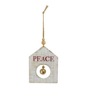 8" White Wooden "Peace" With Gold Bell Christmas Ornament